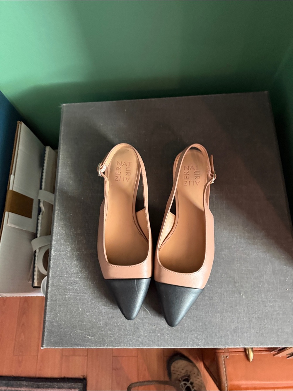 Naturalizer Two-Tone Nude and Black Pointed Slingback Heels